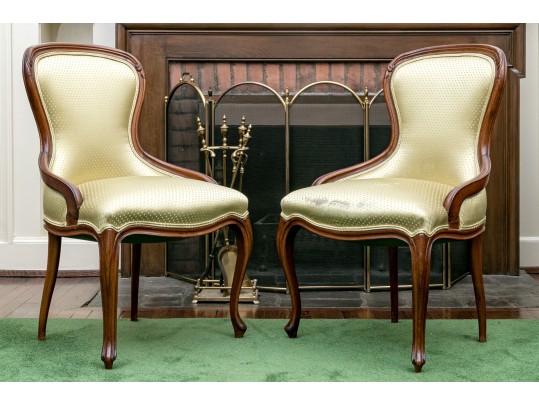 Handsome Pair Of Antique Victorian Silk Upholstered Parlor Chairs