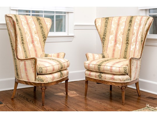 Antique Pair Of Of Upholstered Stylish Wing Chairs