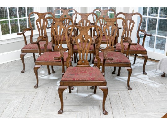 Handsome Set Of 8 Walnut Finished Upholstered Dining Armchairs
