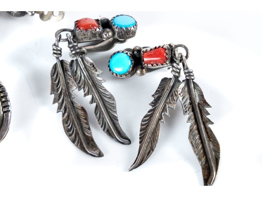 Navajo Sterling Silver, Turquoise, And Coral Clip-On Earrings