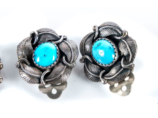 Navajo Sterling Silver, Turquoise, And Coral Clip-On Earrings