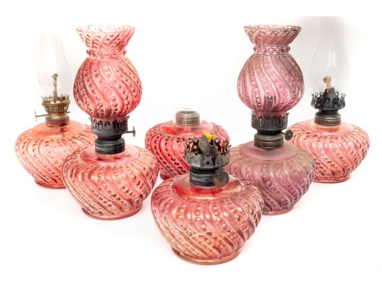 Opalescent Beaded Swirl Cranberry Glass Oil Lamps