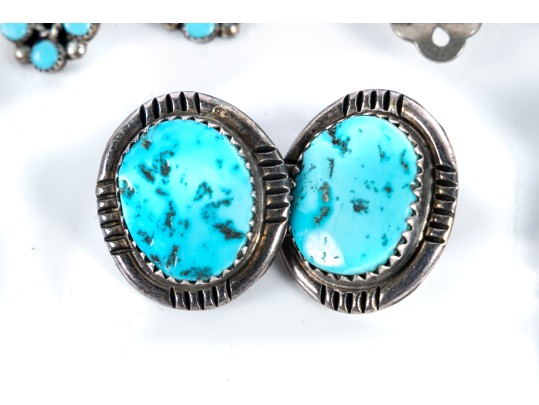 Navajo Sterling Silver, Turquoise, And Coral Clip-On Earrings