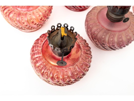 Opalescent Beaded Swirl Cranberry Glass Oil Lamps