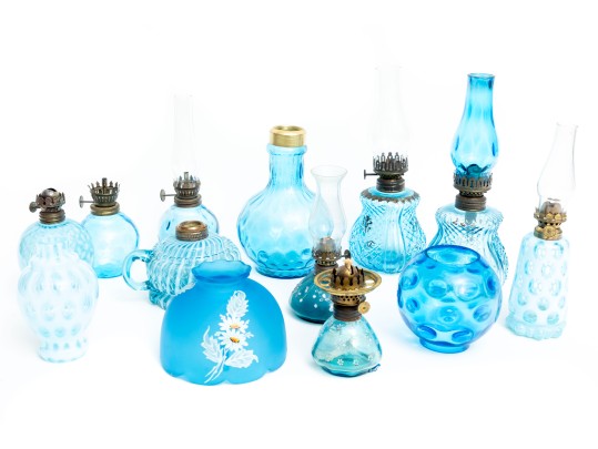 Vintage Blue Depression Glass Oil Lamps And Shades