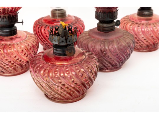 Opalescent Beaded Swirl Cranberry Glass Oil Lamps