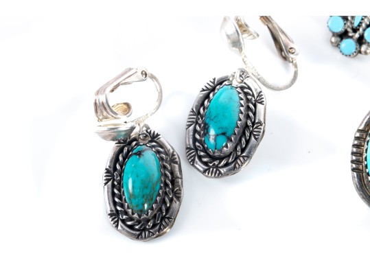 Navajo Sterling Silver, Turquoise, And Coral Clip-On Earrings