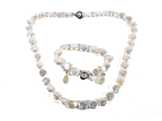 Cultured Coin Pearl Necklace, Bracelet, And Earrings