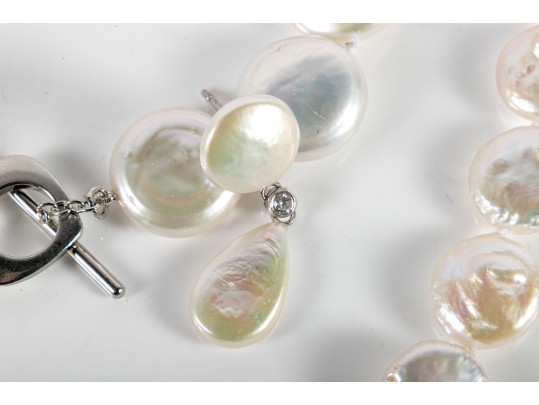 Cultured Coin Pearl Necklace, Bracelet, And Earrings