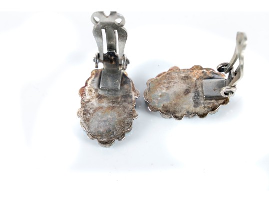 Navajo Sterling Silver, Turquoise, And Coral Clip-On Earrings