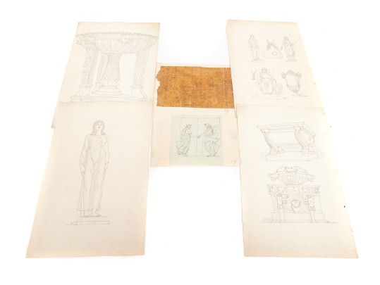 Antique Ink, Graphite Drawings Of Hellenistic Architectural & Sculptural Specimens, Set Of 5.