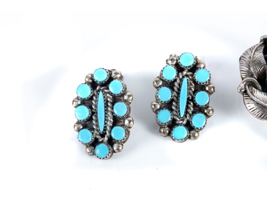 Navajo Sterling Silver, Turquoise, And Coral Clip-On Earrings