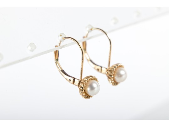 14k Yellow Gold Cultured Pearl Drop Earrings
