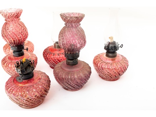 Opalescent Beaded Swirl Cranberry Glass Oil Lamps