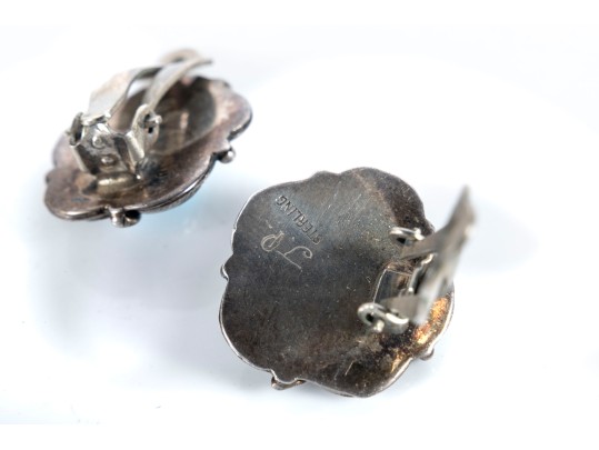 Navajo Sterling Silver, Turquoise, And Coral Clip-On Earrings