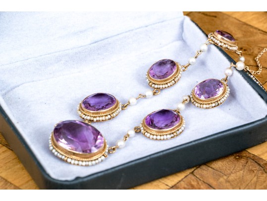 Outstanding 14K Graduated Amethyst And Seed Pearl Necklace