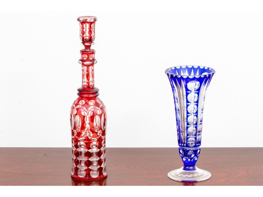 Two Colored Cut To Clear Glass Articles, Vase And Decanter