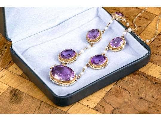 Outstanding 14K Graduated Amethyst And Seed Pearl Necklace