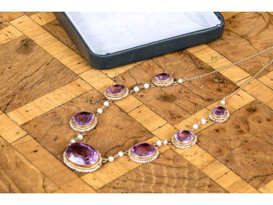 Outstanding 14K Graduated Amethyst And Seed Pearl Necklace