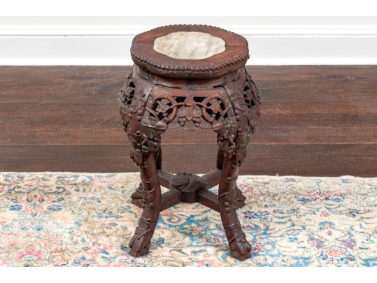 An Antique Chinese Marble Top Hand Carved Hardwood Stand