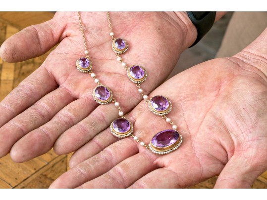 Outstanding 14K Graduated Amethyst And Seed Pearl Necklace