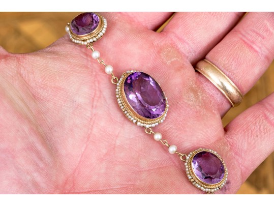 Outstanding 14K Graduated Amethyst And Seed Pearl Necklace
