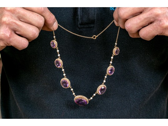 Outstanding 14K Graduated Amethyst And Seed Pearl Necklace