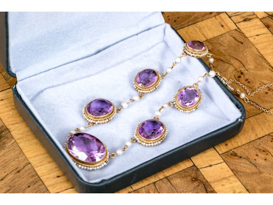 Outstanding 14K Graduated Amethyst And Seed Pearl Necklace