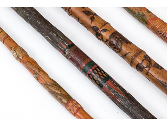 Lot Of Five Assorted Canes And Walking Sticks, Assorted Carved And Painted Or Stained Woods