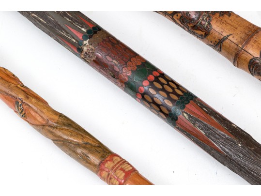 Lot Of Five Assorted Canes And Walking Sticks, Assorted Carved And Painted Or Stained Woods