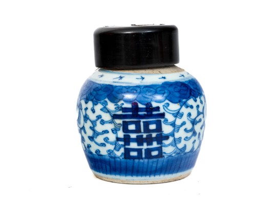 Vintage Blue And White Tea Caddy With Black Lid