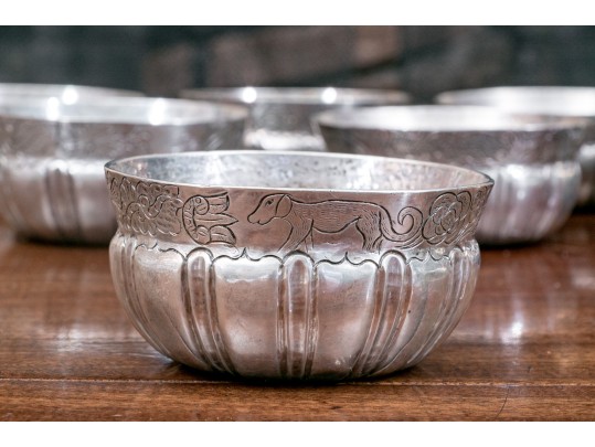 Set Of Eight Rustic .900 Silver Animal And Floral Etched Bowls, 39.34 Ozt