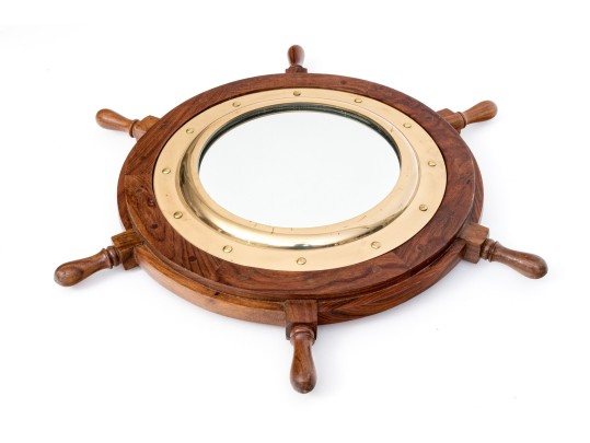 Vintage Teak Framed Ship Wheel Form Mirror