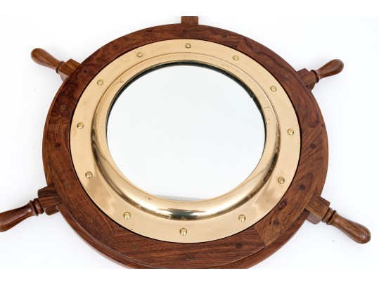 Vintage Teak Framed Ship Wheel Form Mirror
