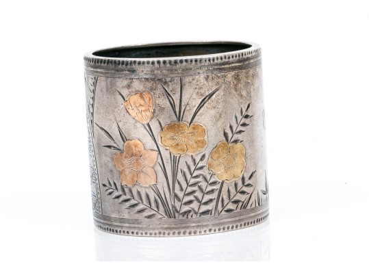 Sterling Silver Beautiful Antique Wide Mixed Metal, Floral Motif Chased Napkin Ring