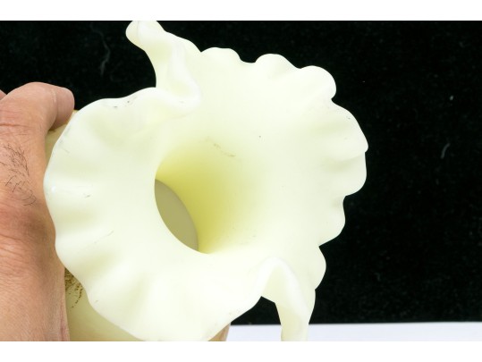 Fenton Uranium Glass Vase With Hand Painted Cabin Scene 