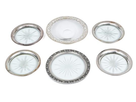Lot Of Lovely Assorted Vintage Sterling And Glass Coasters And A Silver Overlay Plate