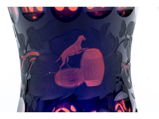 Red And Blue Overlay Cut Glass Vase