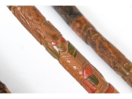 Lot Of Five Assorted Canes And Walking Sticks, Assorted Carved And Painted Or Stained Woods