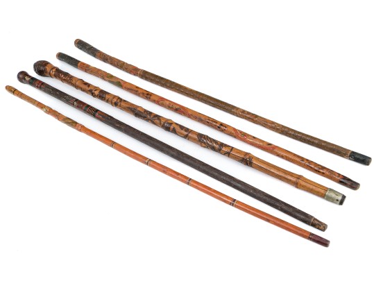 Lot Of Five Assorted Canes And Walking Sticks, Assorted Carved And Painted Or Stained Woods