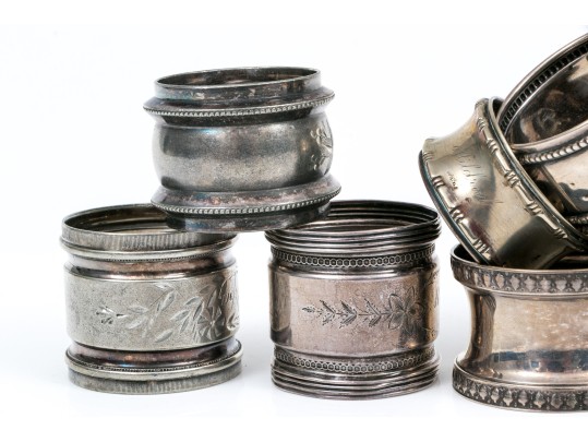 Lot Of Ten Fun Assorted Sterling Silver, Coin Silver And Silver Plated Napkin Rings