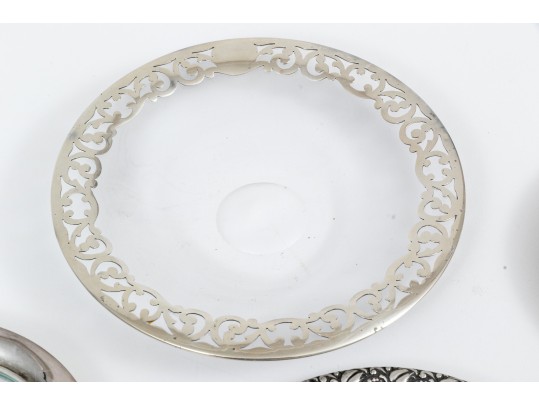 Lot Of Lovely Assorted Vintage Sterling And Glass Coasters And A Silver Overlay Plate