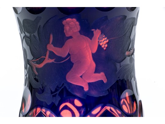 Red And Blue Overlay Cut Glass Vase