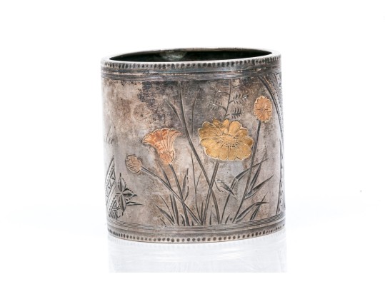 Sterling Silver Beautiful Antique Wide Mixed Metal, Floral Motif Chased Napkin Ring