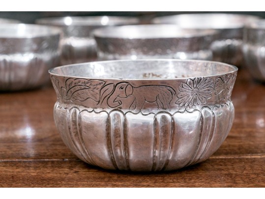 Set Of Eight Rustic .900 Silver Animal And Floral Etched Bowls, 39.34 Ozt