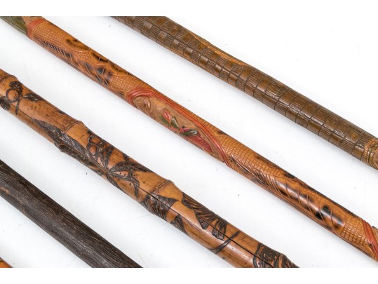Lot Of Five Assorted Canes And Walking Sticks, Assorted Carved And Painted Or Stained Woods