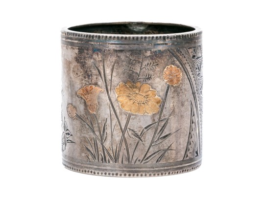 Sterling Silver Beautiful Antique Wide Mixed Metal, Floral Motif Chased Napkin Ring