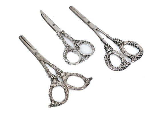 Lot Of Three Assorted Attractive Vintage Grape Shears, Two With Sterling Handles
