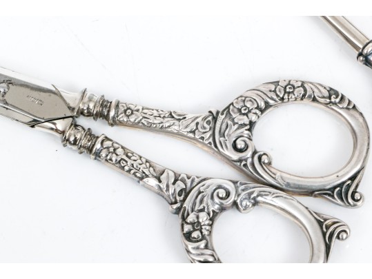 Lot Of Three Assorted Attractive Vintage Grape Shears, Two With Sterling Handles