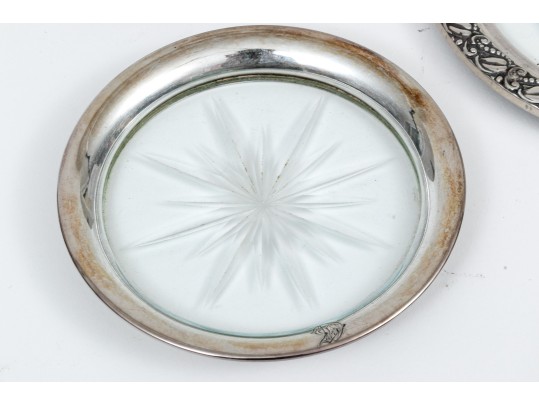 Lot Of Lovely Assorted Vintage Sterling And Glass Coasters And A Silver Overlay Plate